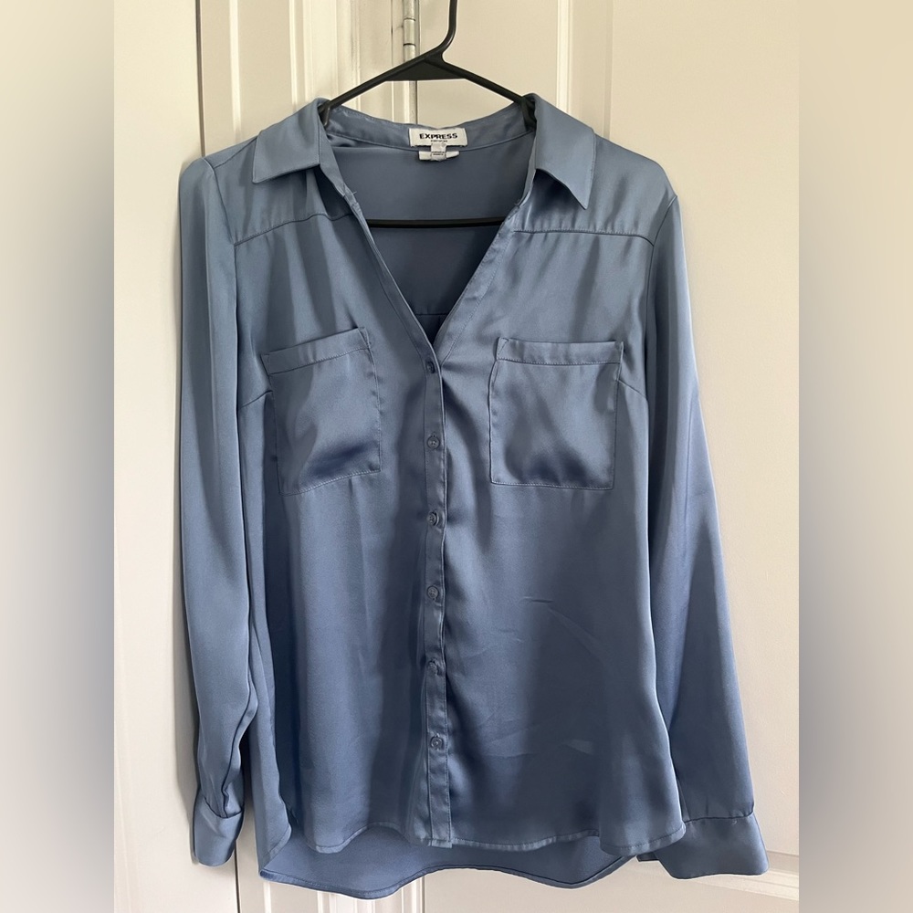 Express Blue Satin Slim Portofino Shirt